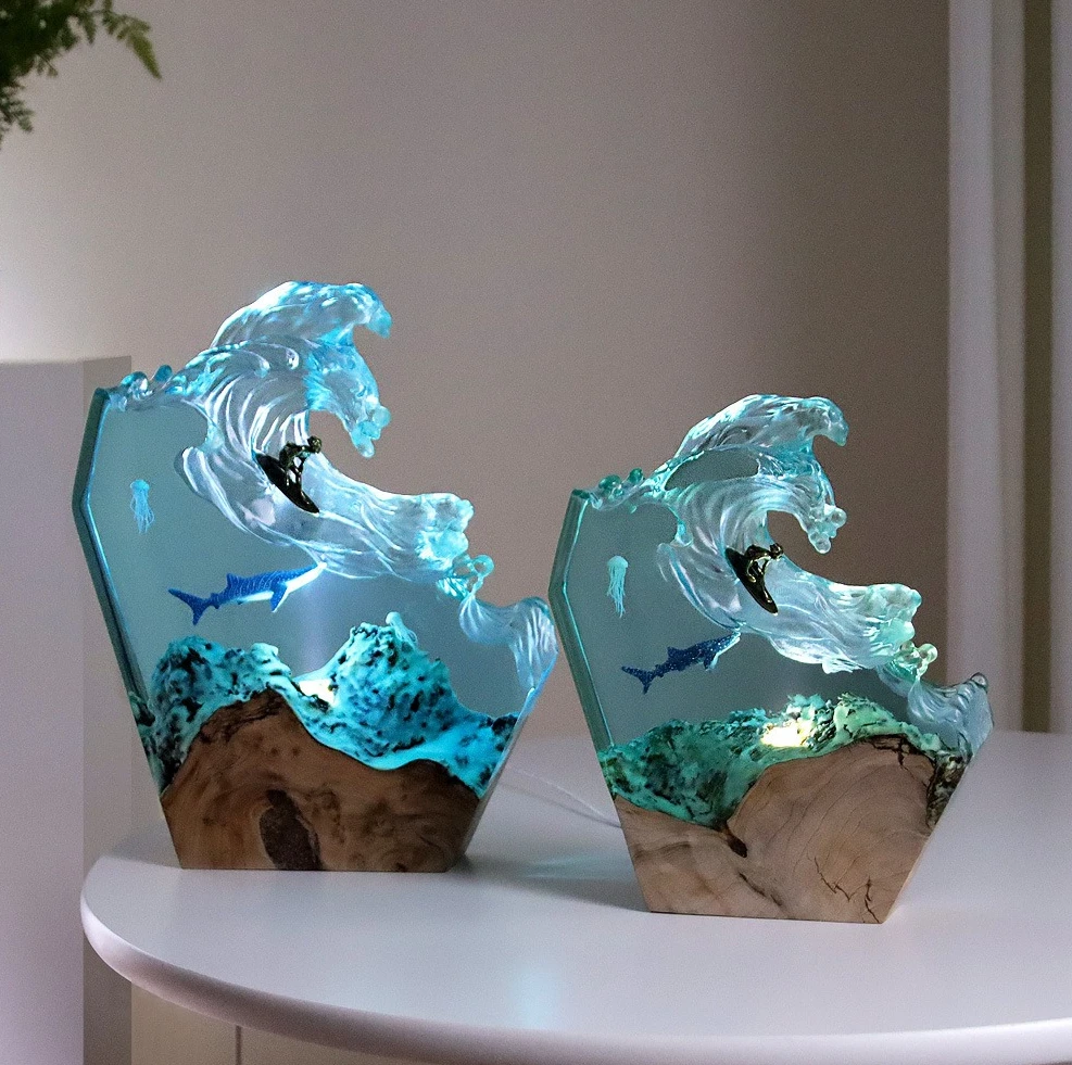 ZZ 2026 Handmade Epoxy Resin Night Light Ocean Series Whale Wave Landscape Desk Lamp Creative Marine Style Home Decor Craft Gift