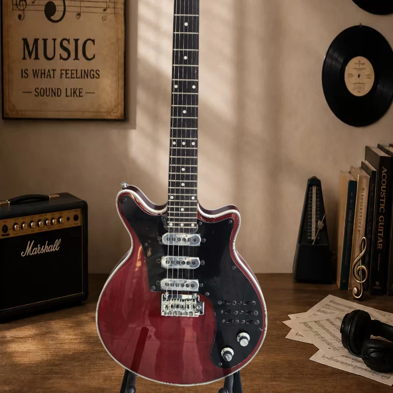 Wine Red Gloss Finish Black Pickguard Electric Guitar Trimmed White Single-Coil Pickups Equipped Double-Locking Tremolo System