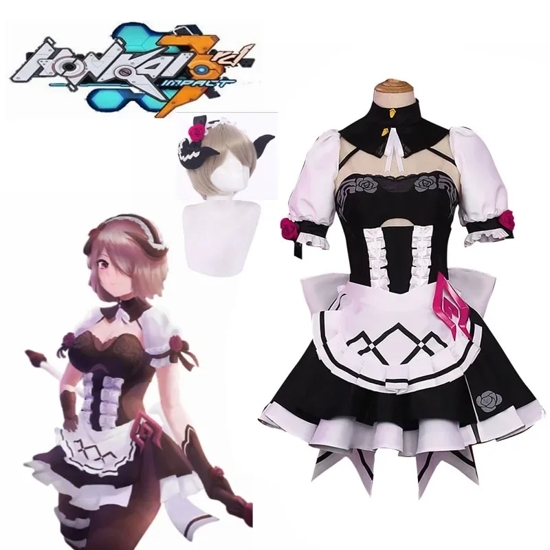 

FC6Honkai Impact 3 Rita Rossweisse Cosplay Costume Apron Dress Valkyria Black Rose Maid Dress Female Halloween Costumes for@FC8！