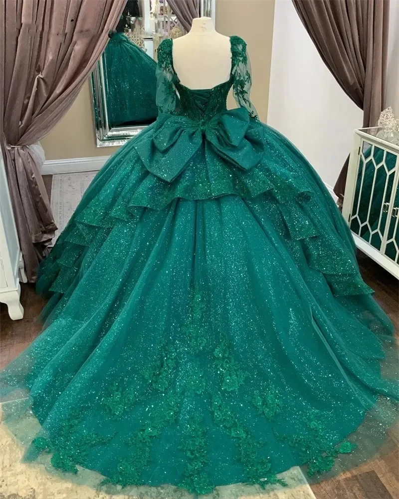 ANGELSBRIDEP Green Princess Quinceanera Dresses With Bow Detachable Sleeves Lace Applique Beaded Ball Gown 16th Birthday Gowns