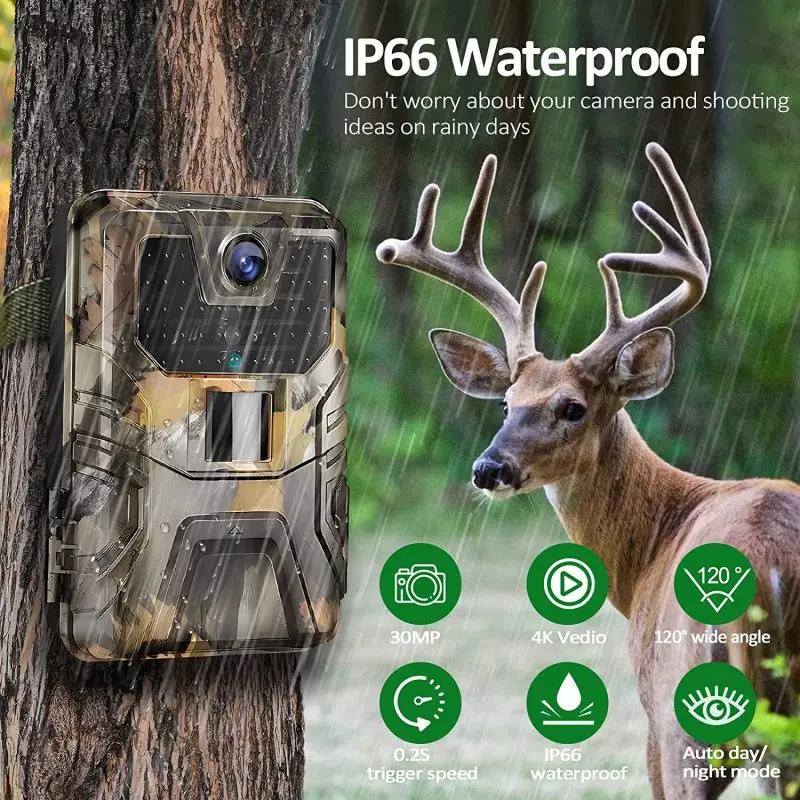 Outdoor 36MP Trail Camera 2k 120 Detection Range IP66 Waterproof No Glow Night Vision Wildlife Monitoring Trap Game Cam