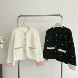 Contrast Color Mohair Knitted Cardigan Jacket Autumn Winter Beading Long Sleeve Single Breasted Sweater Coat Female Tops N145