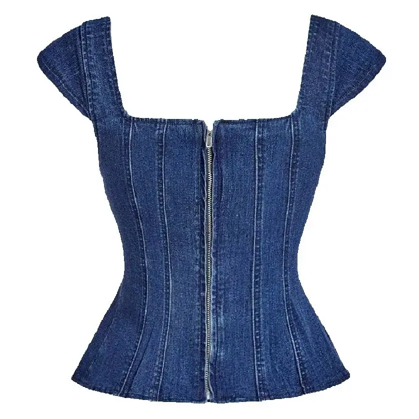 CHIC Summer New Elegant Fashion Sexy Tank Top Ladies Square Neck Zipper Split Camis Women Denim Blue Slim Girls Vest Female