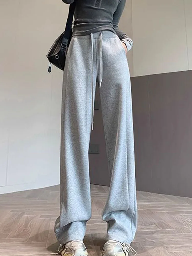 Women Casual Thicken Loose Straight Pants Winter Warm High Waist Lace Up Wide Leg Pantalones Snow Wear Velvet Lined Sweatpants