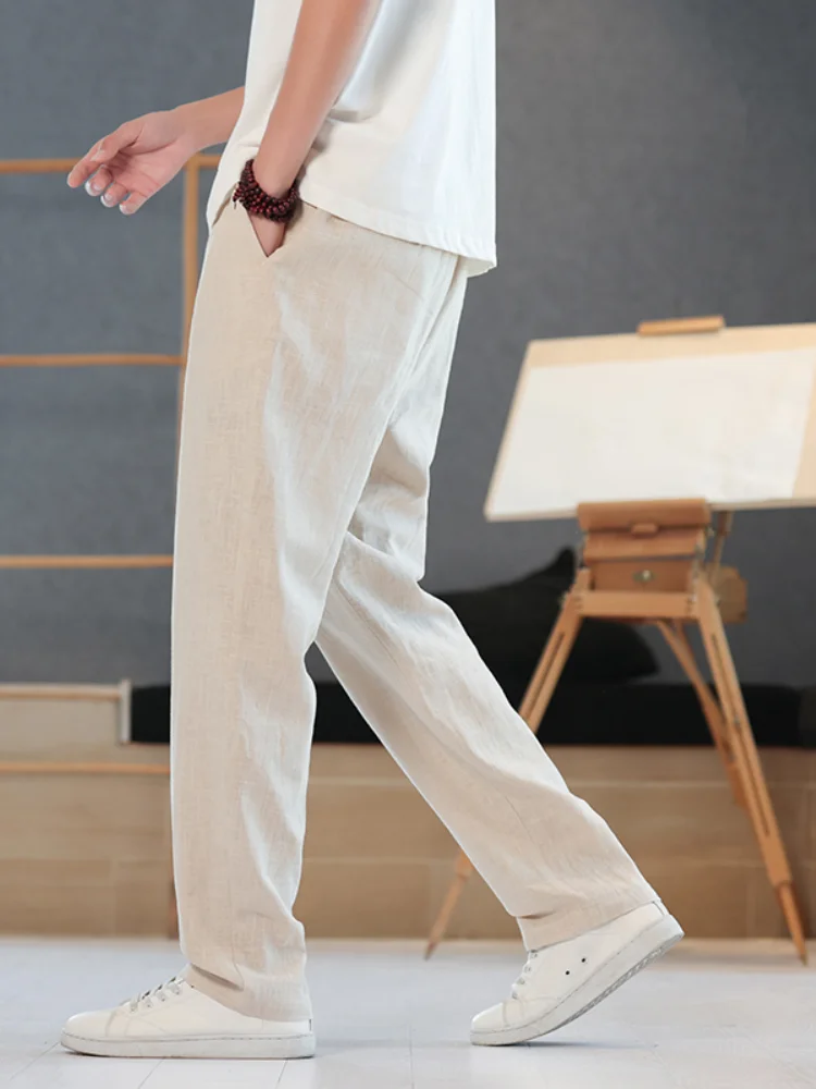 

Новые мужские хлопково-льняные брюки прямого кроя 2025 года, летние модные повседневные брюки в китайском стиле, дышащие, свободного кроя