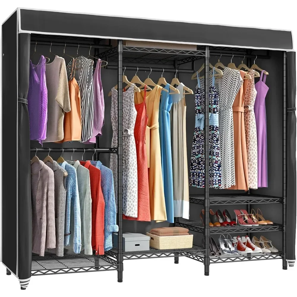 Heavy duty covered hanger Portable bedroom closet rack, black lid, adjustable freestanding closet