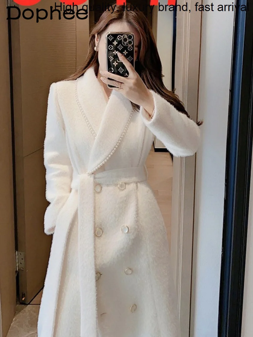 

Elegant Chic Beaded White Cashmere for Women Autumn Winter 2023 New Mid-Length Belt Waist Woolen s Female Trench Coat