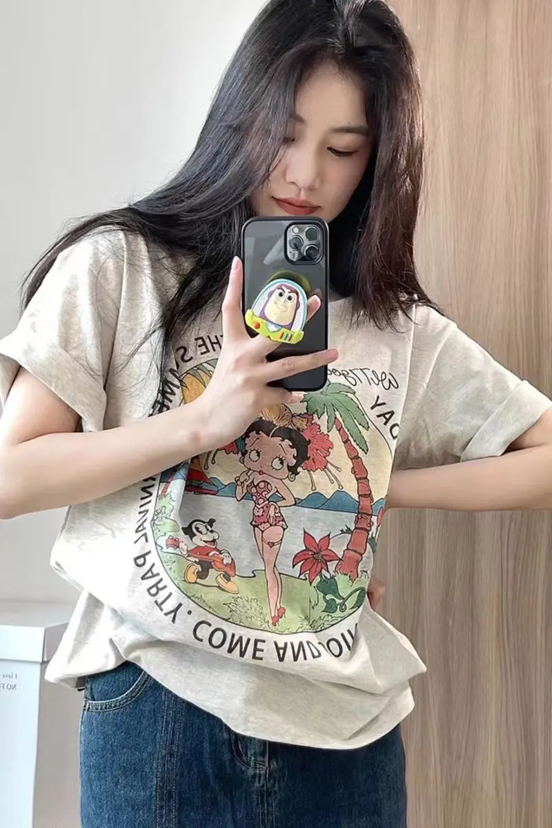 Camiseta de manga corta estilo americano oversize Betty Miss Grey para mujer, novedad de verano 2023, top para parejas, corte...