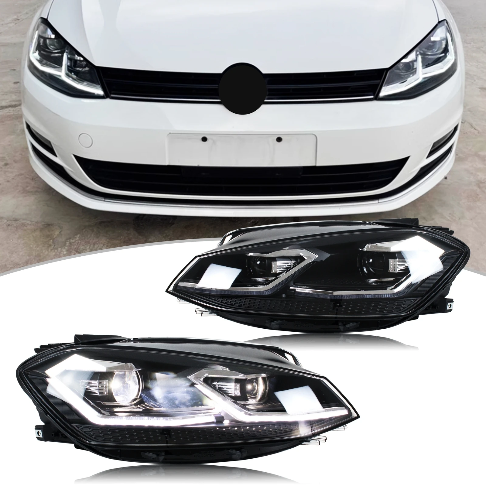 Feux avant à LED pour Volkswagen VW Golf 7 MK7 VII 2018-2021 TDI TSI Projecteur Argent Assemblage de lampes avant [Ne convient pas aux GTI/GTD/GTE]