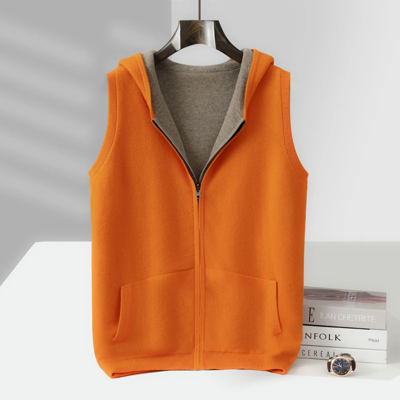 

Men's Double-sided Contrasting Zipper Hooded Vest 100% Pure Wool Sweater Casual Sleeveless Camisole Autumn Winter Thick Cardigan