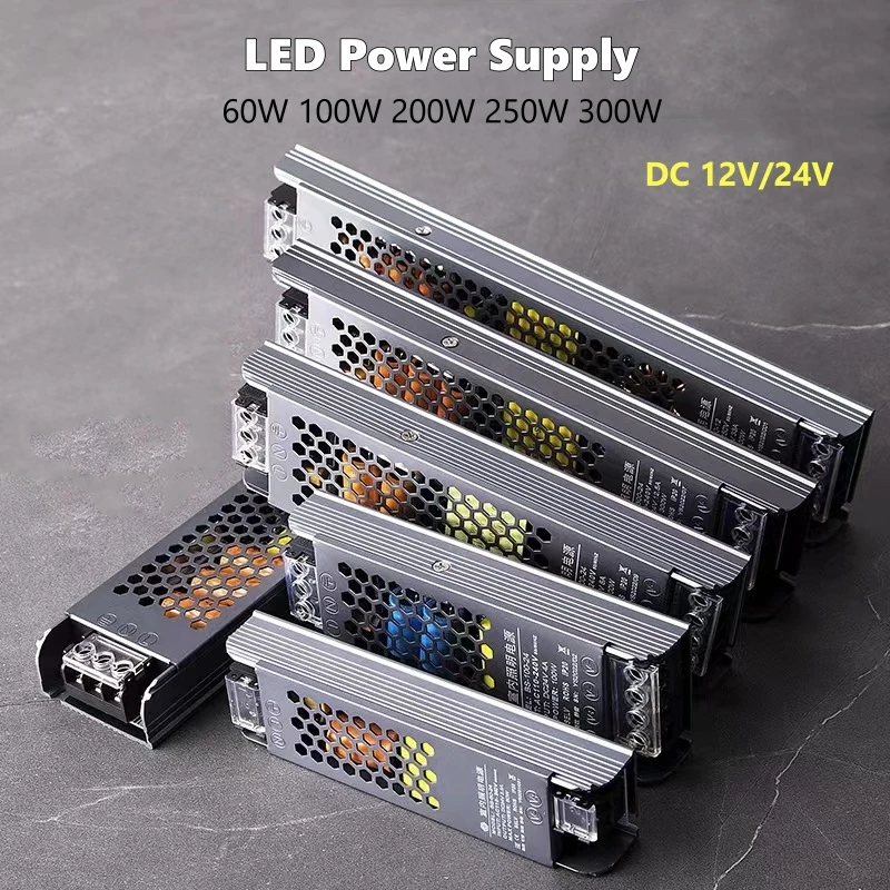 

Черный источник питания светодиода DC12V 24V AC110V 220V Алюминиевая светодиодная лента для шкафа Лампа Трансформатор освещения Драйвер 60 Вт 100 Вт 200 Вт 250 Вт 300 Вт