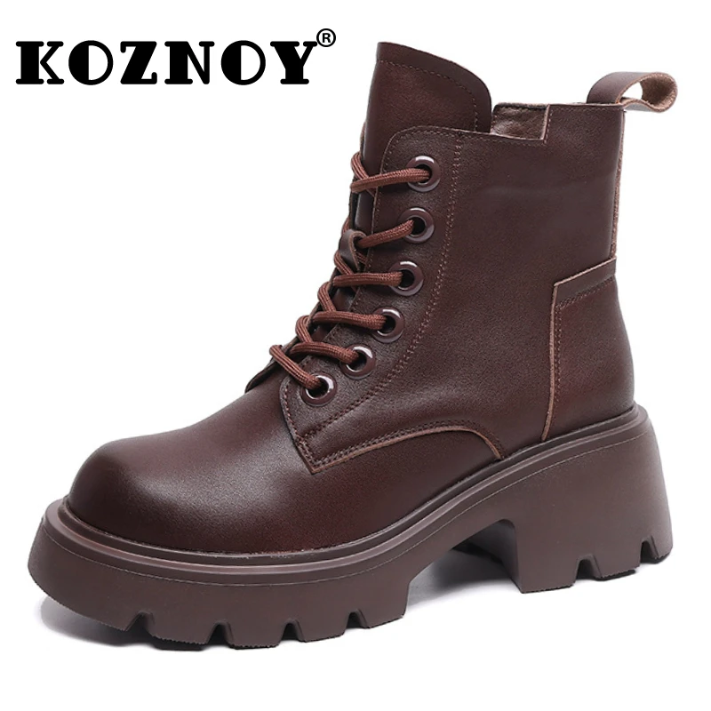 

Koznoy 5.5cm Ankle Boots Cow Genuine Leather Women Platform Wedge Spring Round Toe Winter Plush Autumn Fashion Motorcycle Shoes