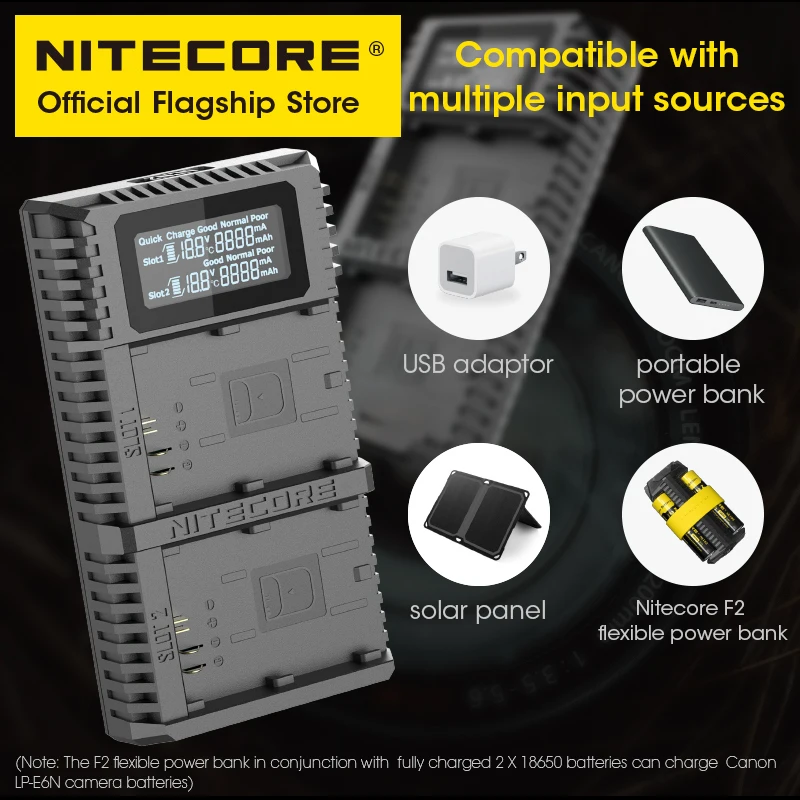 NITECORE UCN2 PRO chargeur de batterie d'appareil photo numérique USB QC Charge rapide double emplacement pour Canon LP-E6N EOS R5 R6 Ra 60D 70D 5DS 90D 5D