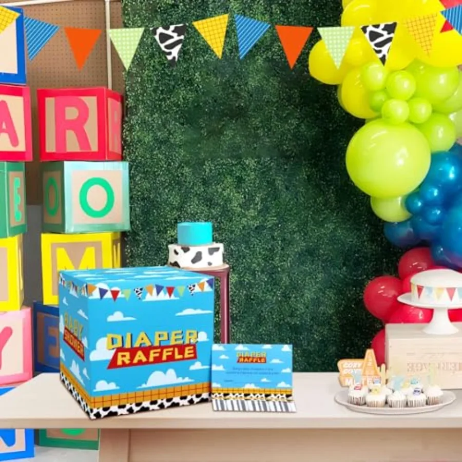 보이 스토리 베이비 샤워 장식 기저귀 추첨 상자 (티켓 카드 50장 포함) - 보이 스토리 베이비 샤워 테마 게임