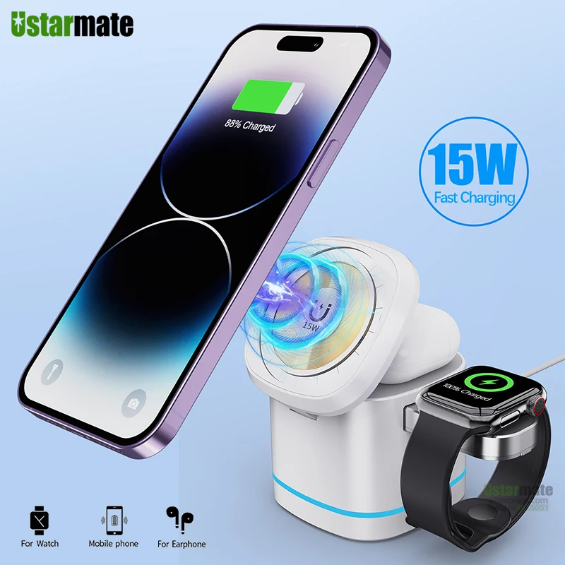 3 In 1 Wireless Charger Fast Charging Magnetic Charger with Foldable Induction for IPhone 14 13 12 Promax iWatch Airpods Pro 3 2