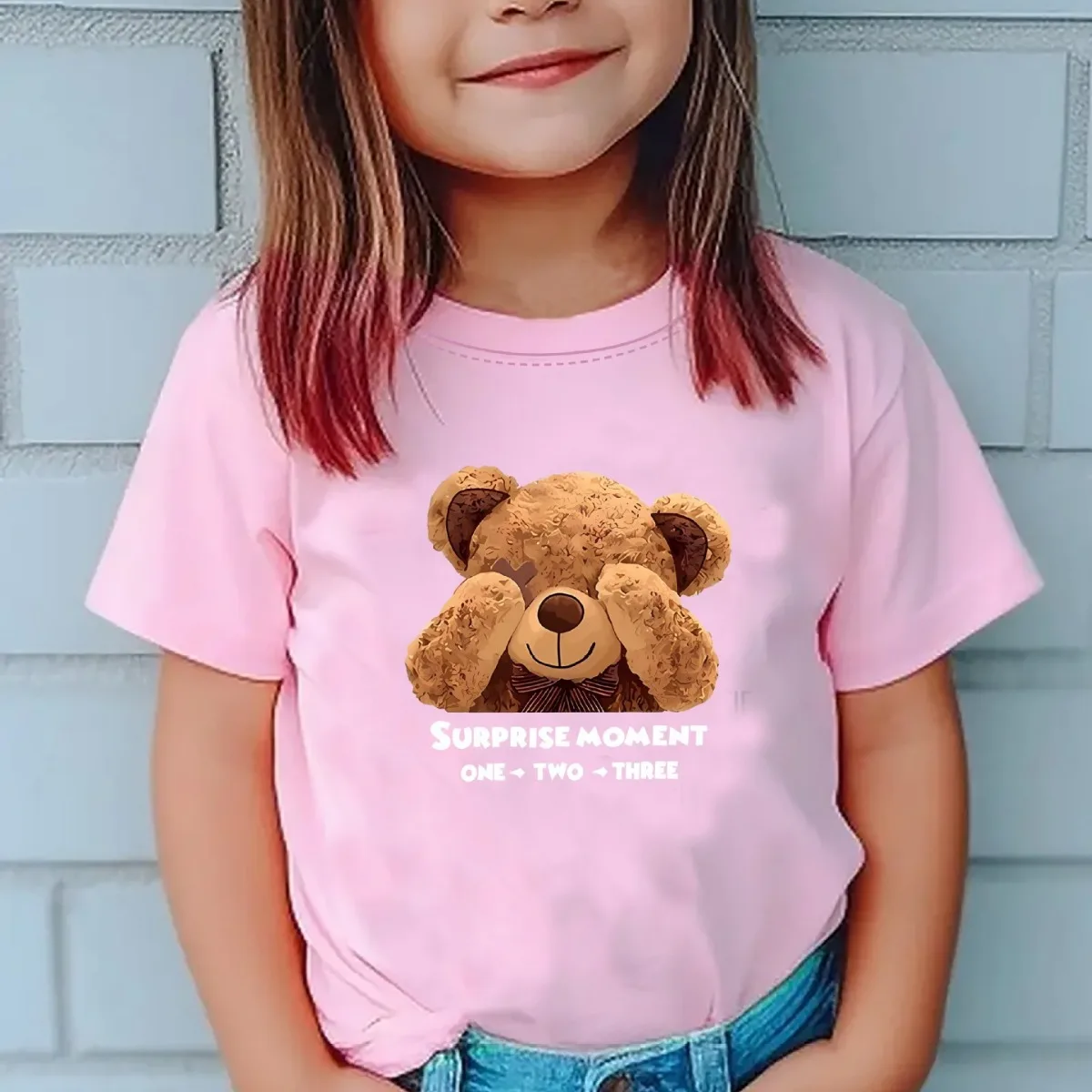 Girls\' Summer Round Neck Short Sleeve T-shirt New Sweet Fashion Bear Print Tops Girls Clothes