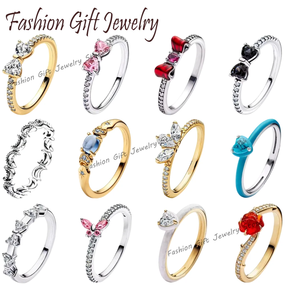 2026 New 925 Silver Classic Women's Resin Drop Chakra Sparkling Love Heart Bow Logo Ring Exquisite DIY Glamorous Jewelry