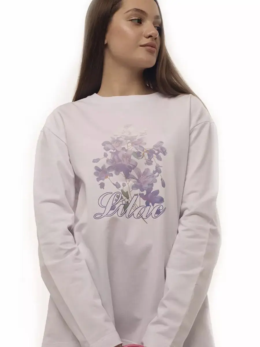 ดอกไม้หวานผ้าฝ้าย 100% เสื้อยืดแขนยาวบางเสื้อสวมหัวหลวมขนาดใหญ่วิทยาลัยผู้หญิงน่ารักพื้นฐานฤดูใบไม้ร่วงฤดูหนาว