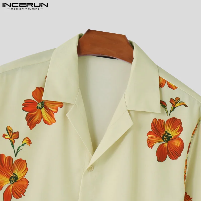 INCERUN Men\'s Shirt Flower Printing Lapel Short Sleeve Streetwear Men Clothing Summer 2024 Vacation Fashion Casual Male Shirts