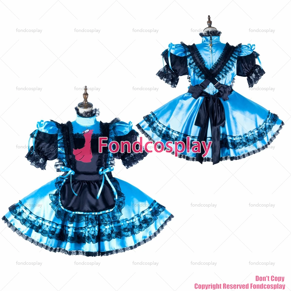 fondcosplay adult sexy cross dressing sissy maid short blue satin dress lockable black apron Uniform costume CD/TV[G2181]