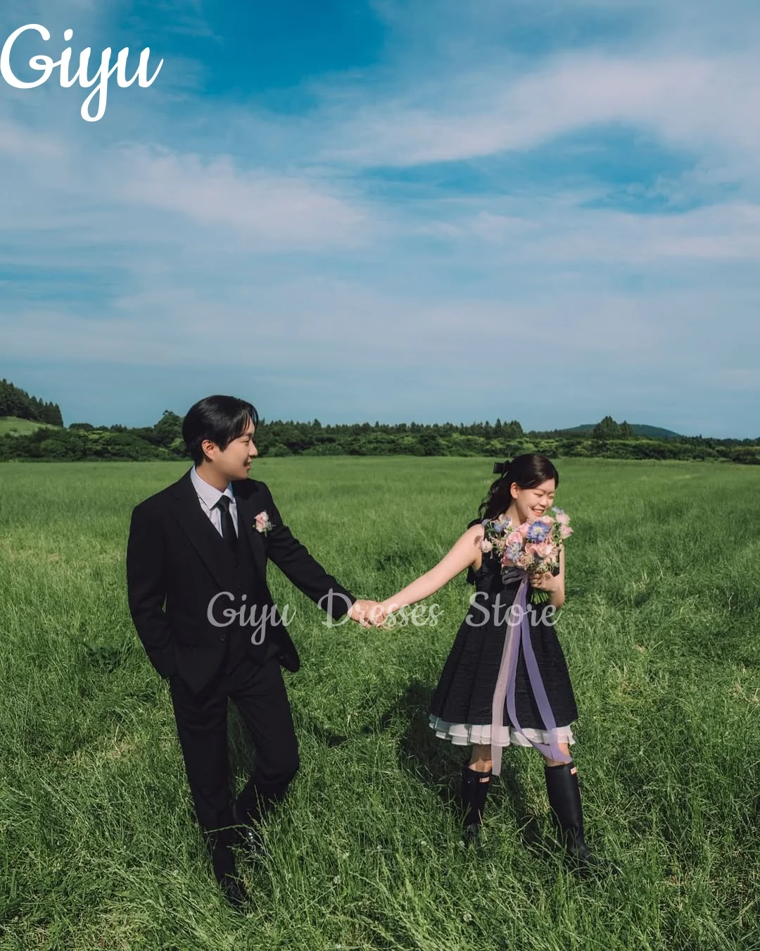 Giyu Simple Mini Short Wedding Dress Spaghetti Strap Bride Dress Square Collar Sleeveless Korea Photoshoot 웨딩드레스 Customsied