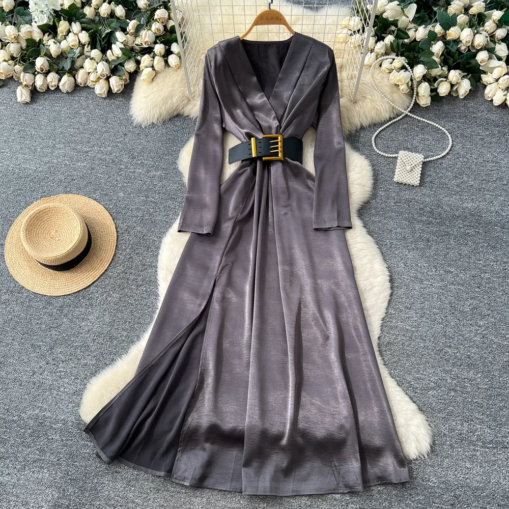 

Women Belted Satin Dresses A Line Solid Dress V Collar Waist Cinch Ankle Lenth Long Sleeve Slim Fit Casual Elegant 2025 Autumn