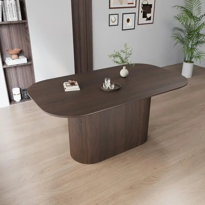 طاولة طعام بنية MDF مقاس 63 بوصة، حافة عادية، مقاعد 4-8، أرجل مخططة عمودية، بلوزة سميكة أنيقة، مثالية للاستخدام المنزلي والمطبخ