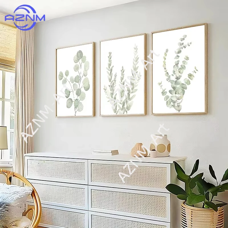 1/3 Stück Nordische Salbeigrüne Pflanzen-Wandkunst Poster Minimalistische Eukalyptusblätter Aquarell Leinwanddruck Zimmer Heimdekoration