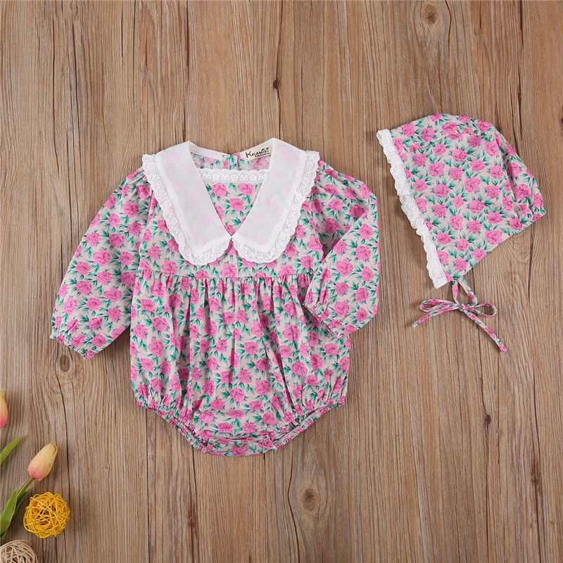 Baby Flower Bodysuit 2Pcs Clothes Newborn Infant Girls Lace Trim Long Sleeve Shorts Jumpsuit with Decorative Hat Streetwear