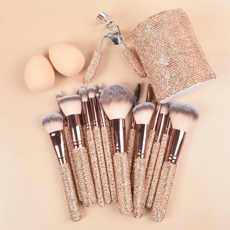 Bling Makeup Brushes with Rhinestone Face Concealer Eyeliner Blusher Puffs Eyelash Curler Storage Bucket Headbands 23 Sets