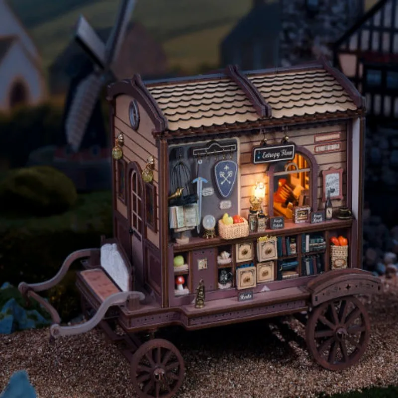 الرجعية ماجيك النقل المقصورة DIY منزل خشبي مجموعات مصغرة مع أضواء LED الكبار الحرفية نموذج مكتب منزلي الديكور الإبداعية هدية #4