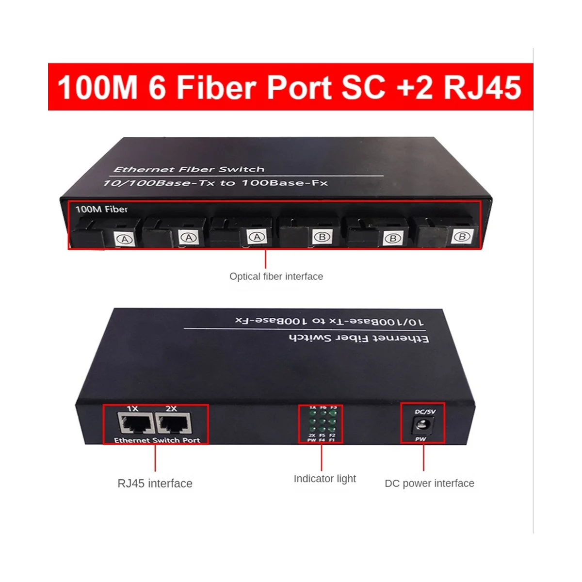 6Port 10/100M Ethernet Switch 6 Fiber Port 25KM 2UTP RJ45 Fiber Optical Transceiver Optical Media Converter US Plug