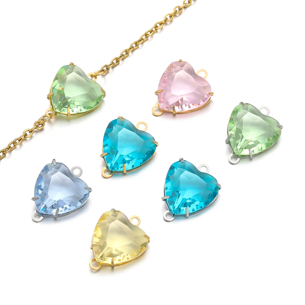5Pcs Stainless Steel Glass Crystal Heart Double Hole Charms Pendants for DIY Jewelry Bracelets Necklaces Connectors Wholesale