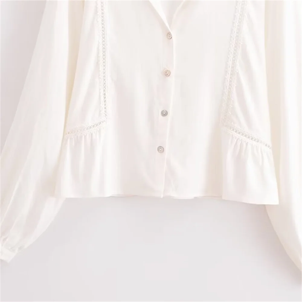 PB & ZA2024-V-Neck Lace patchwork shirt, roupa de mulher, versátil, casual, simples, elegante, temperamento, pendulares, outono, novo