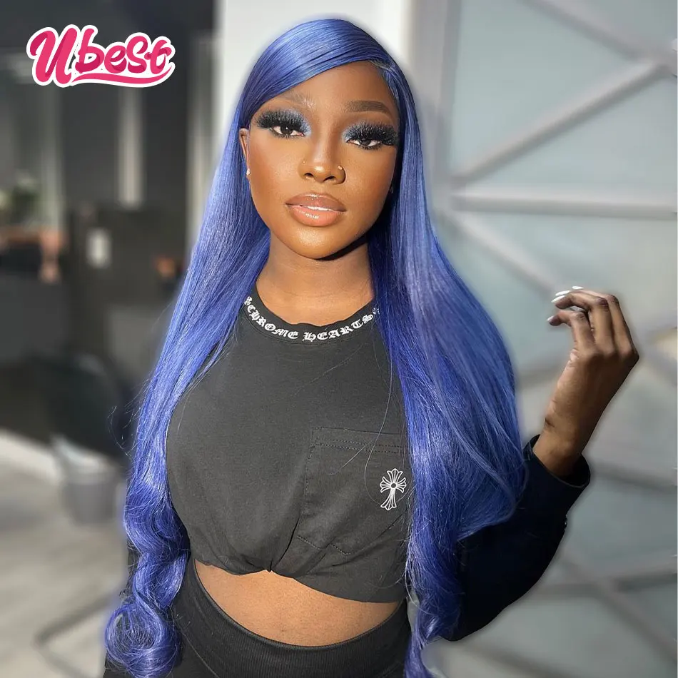 

613 Colored Blue Straight 13x6 Lace Front Human Hair Wig Brazilian Transparent 13x4 Lace Frontal Wigs For Women 180 Density