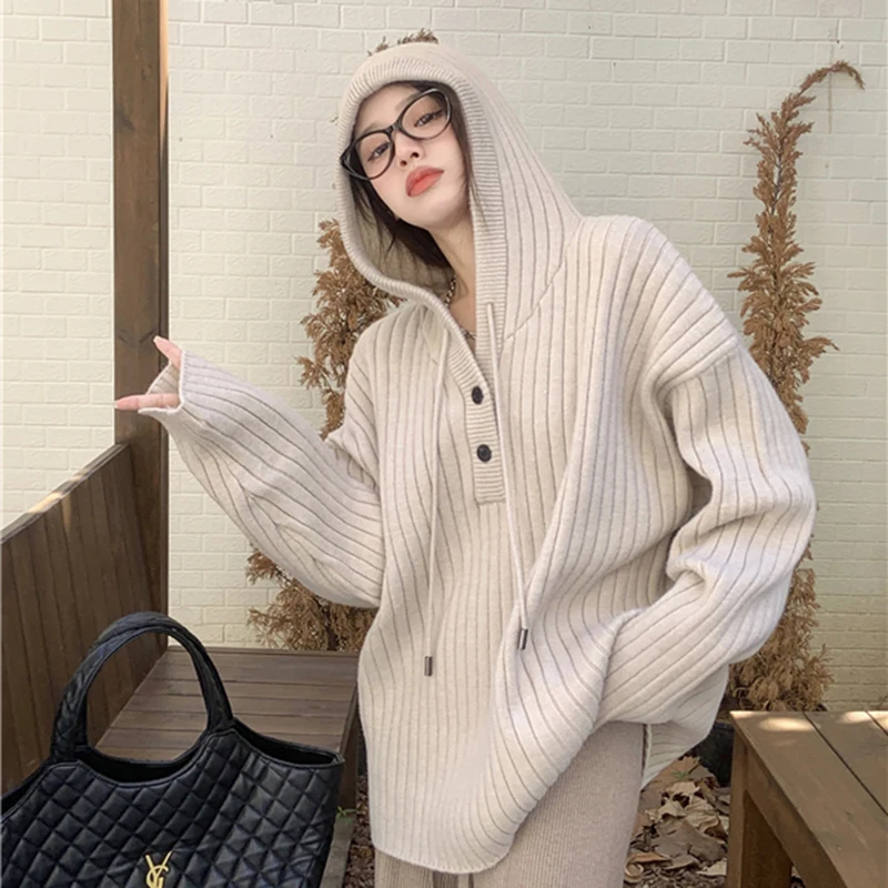 Fashion Knitted Tops 2024 Women Sweater Winter New Hooded Pullover Sweater Loose Casual Korean Long Sleeve Oversized Jumpers