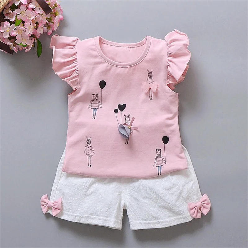 

Summer Casual Kid Girl Clothes Baby Girl Outfit Ruffle Sleeve T-shirt Pant 2Pcs Suit Lovely Bow Children Costume Two Piece A515