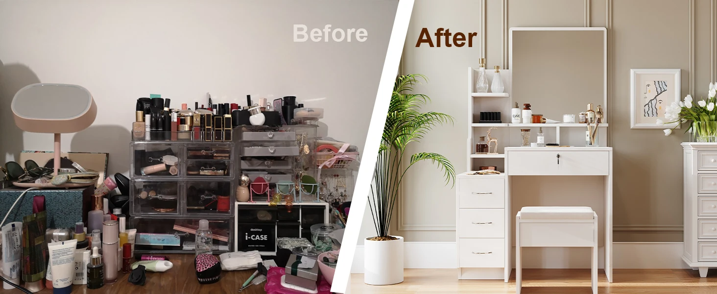 Before and after comparison of makeup storage. Left: cluttered cosmetics on table. Right: organized white vanity with drawers, mirror, and stool, featuring plants and neat shelving.