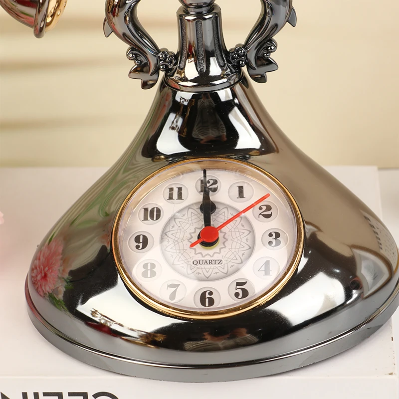 1pcs Retro Telephone Model Alarm Clock Creative Timekeeper Desktop Ornament For Home Room Bedside Table Decoration