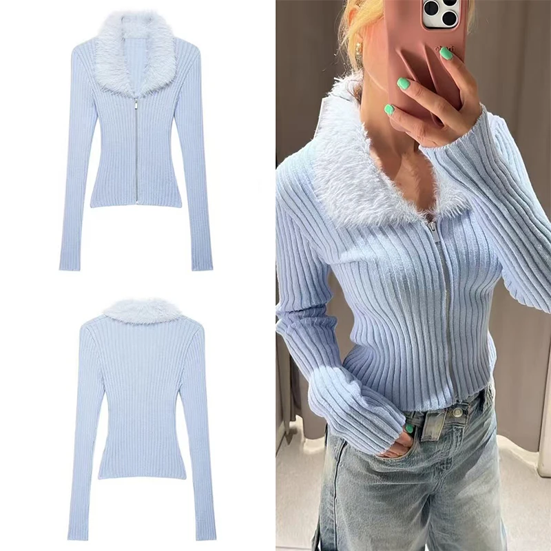 Guobioziy Women Light Blue Cardigan Faux Fur Trim Collar Zip Front Button Down Cozy Warm Thick Knitwear Winter Fashion New