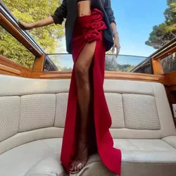 Red Big Flower Party Long Skirt Sexy Hollow Out Evening Dresses Luxury 2024 Autumn A-line Skirt Fashion Elegant Gown
