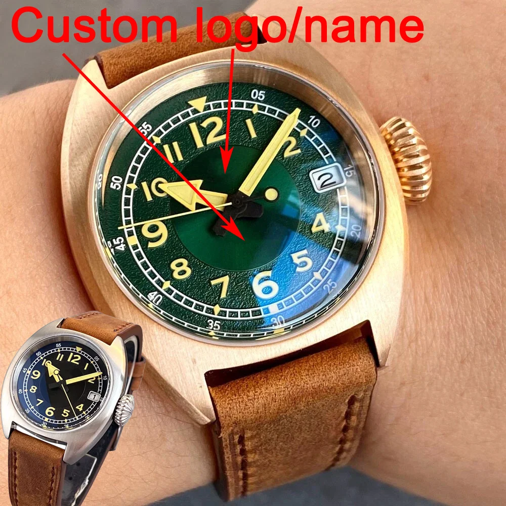 Customized 316L Steel/CUSN8 Bronze 36mm Case Black/Green Dial NH35 Mechanical Men Watch 20ATM Dome Sapphire Glass Retro Vintage