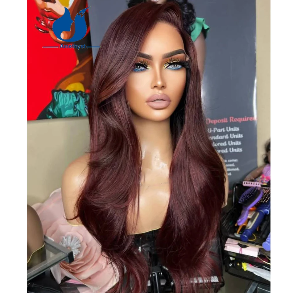 

Amethyst 99J Red Body Wave Human Hair Wig Side Part 13x6 Lace Front Wig Remy Brazilian Hair Pre Plucked Bleached for Women