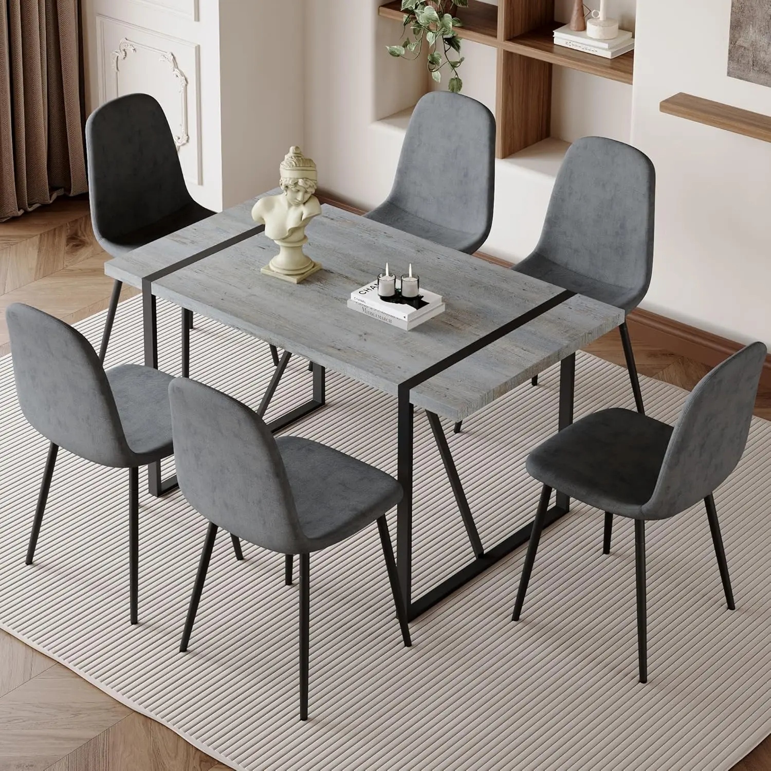 Minimalista retro mesa de jantar, 6 cadeiras sem braços, cadeiras baixas