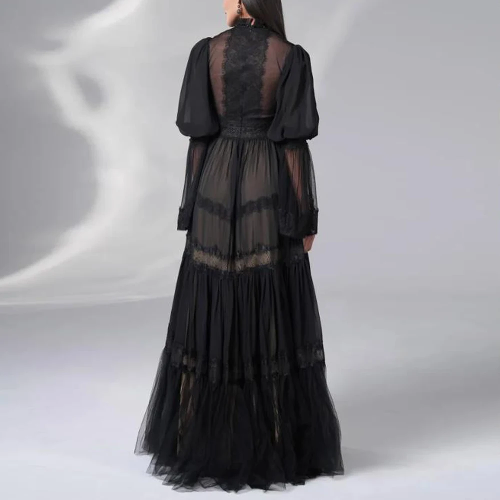 Customized Keyhole Bell Sleeve Maxi Length Evening Dress Lace Appliques Ruffles Wedding Party Gown Pleat A Line Black Gowns