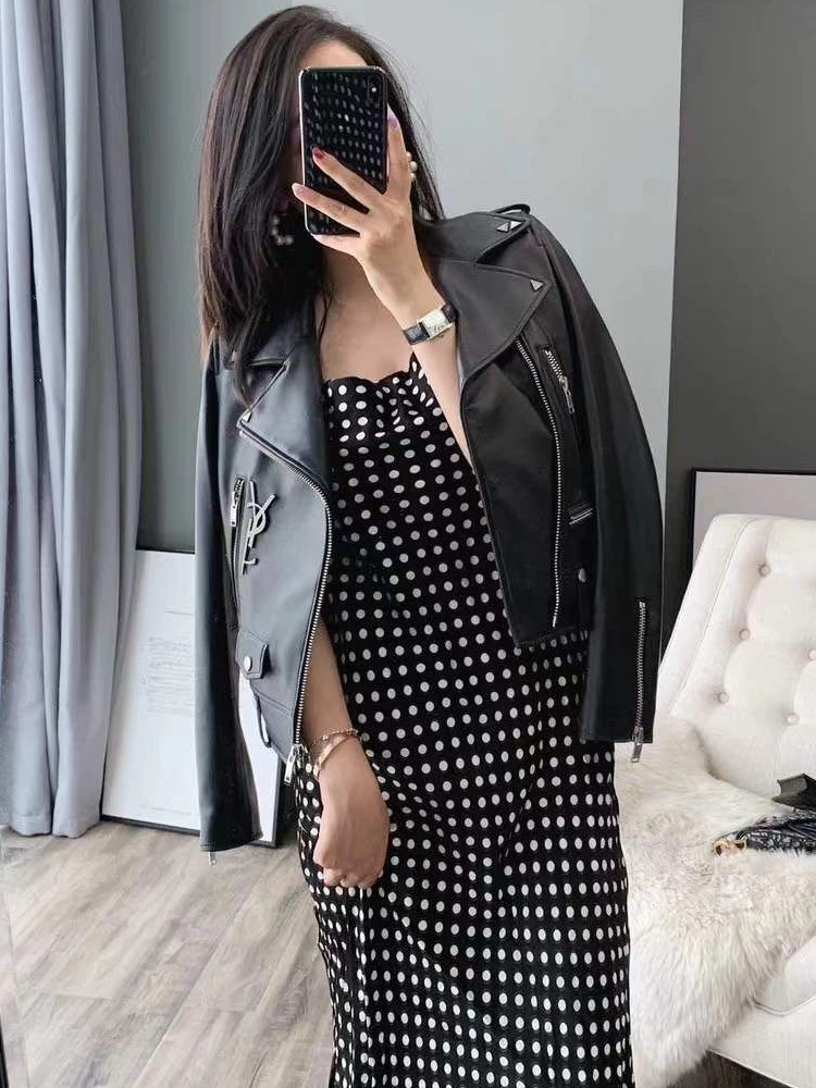 2024 Lente Nieuwe Hoge Kwaliteit Echt Schapenleer Jas Dames Slim Fit Zwarte Bikerjas Met Notch Kraag Korte Jas