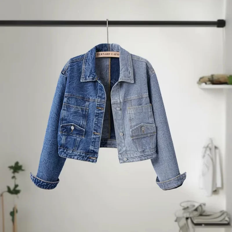 Fashion Women Color-Block Short Denim Jacket Long-Sleeved Inverted Pocket Splicing Trendy Spring Autumn New Personalized Jacket