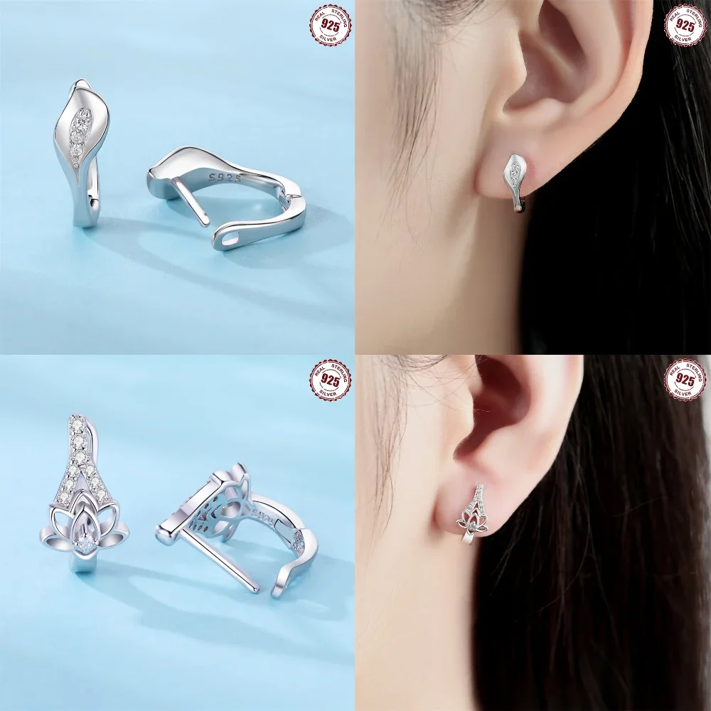 925 Sterling Silver Openwork Lotus and Zirconia Earrings Hoop Earrings for Women Fashion Earrings Jewelry Gifts Official Website