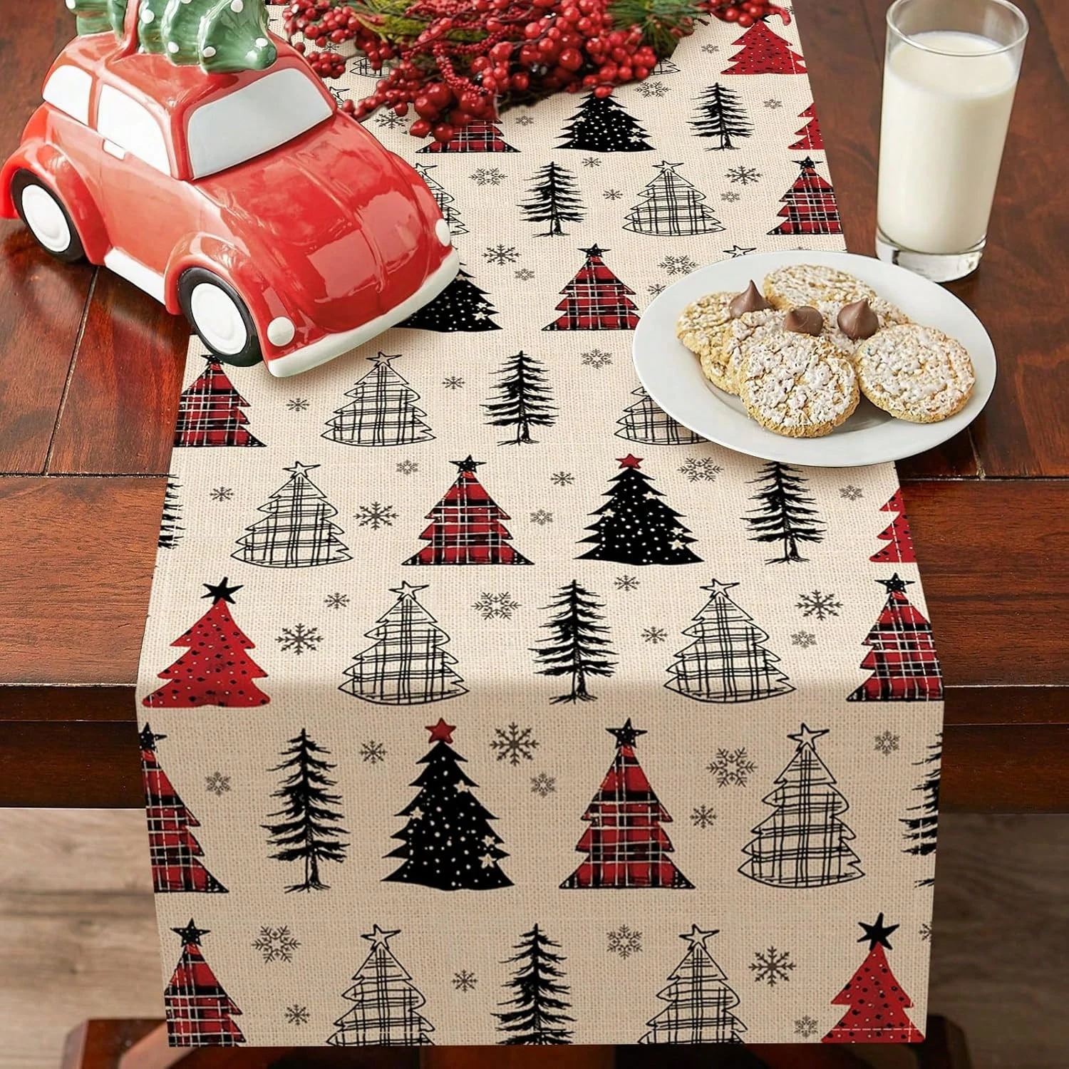 JIT 1 pc Christmas Themed Tree Table Runner Red Black Beige Pattern Ideal For Holiday Party Table Decoration Premium Crafted