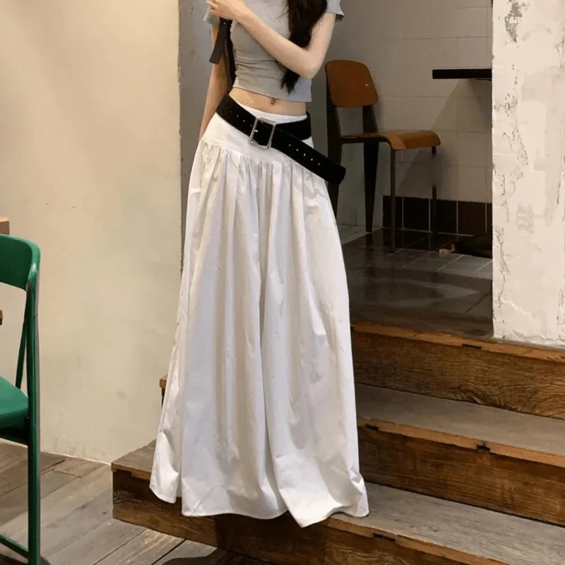 Summer Casual Long Skirt Women Loose White Hottie Belt High Waist Skirts Female Korean Sweet Preppy All Match Elegant Chic Skirt
